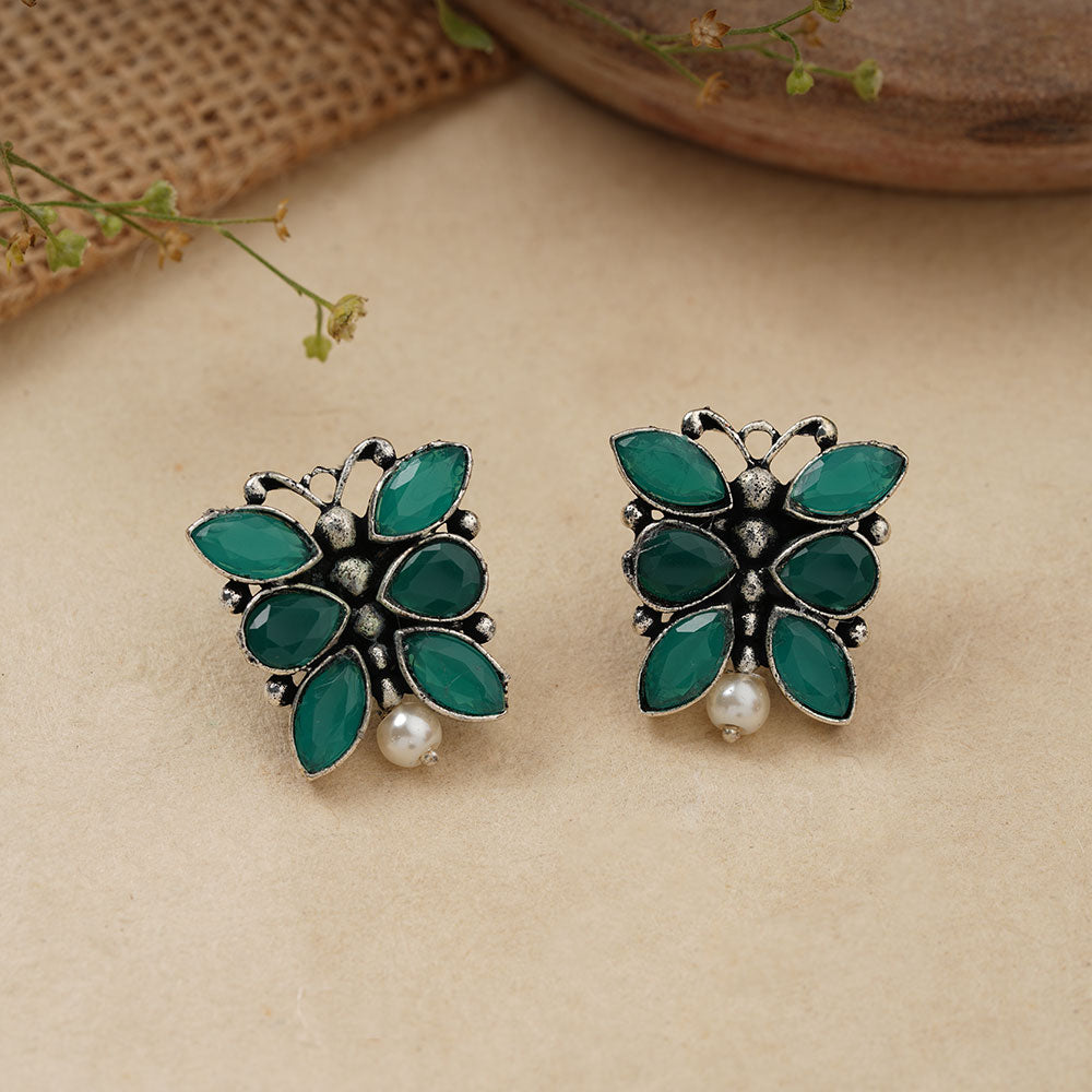 BeadedButterfly stone studded oxidised stud earrings (Green)