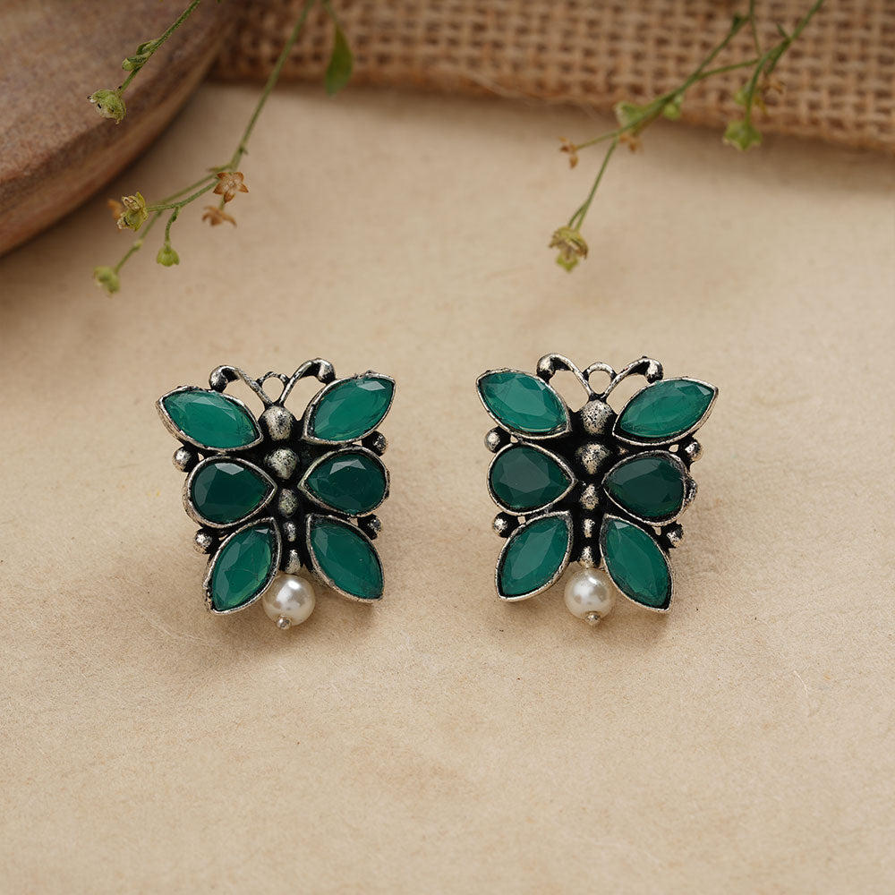 BeadedButterfly stone studded oxidised stud earrings (Green)