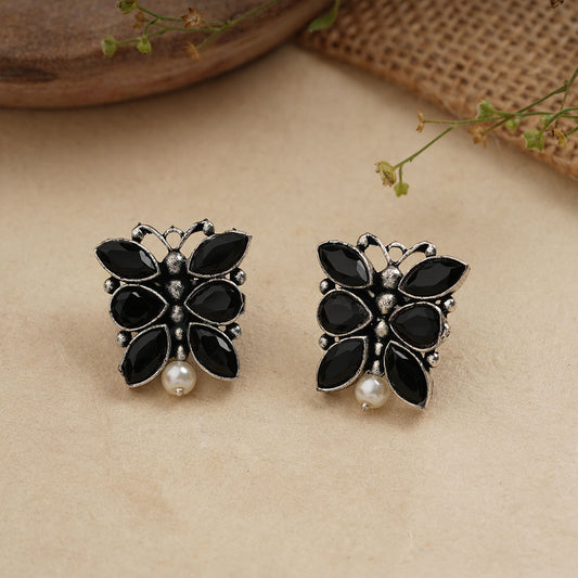 BeadedButterfly stone studded oxidised stud earrings (Black)