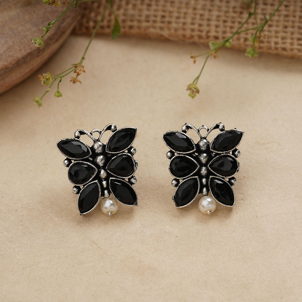 BeadedButterfly stone studded oxidised stud earrings (Black)