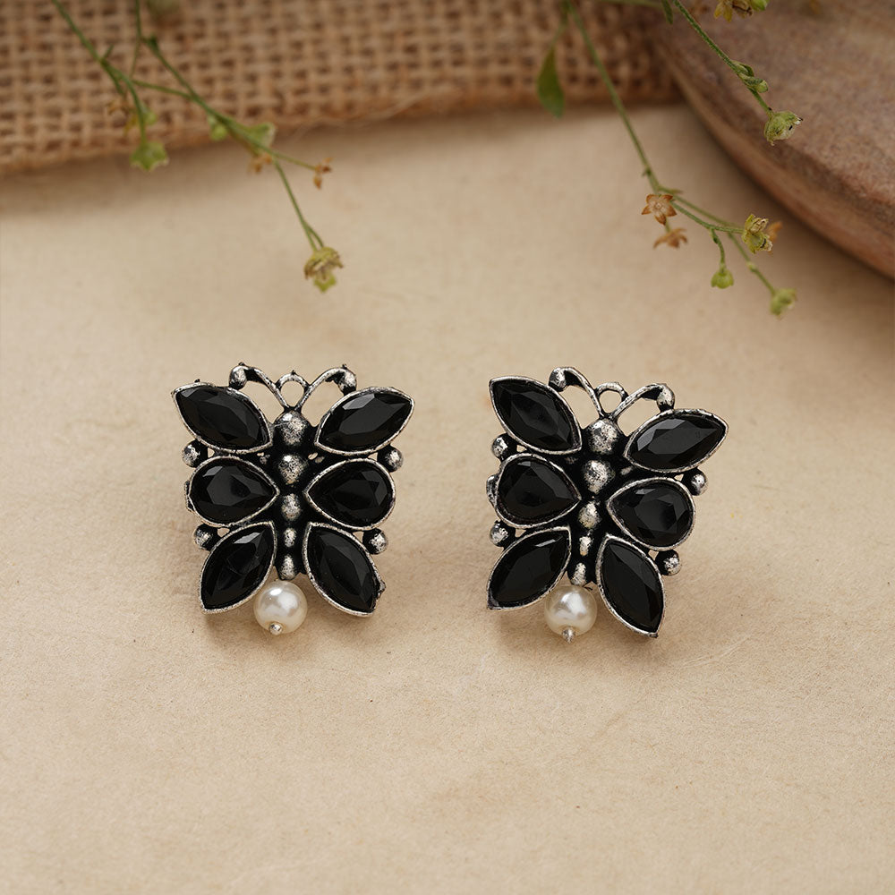BeadedButterfly stone studded oxidised stud earrings (Black)