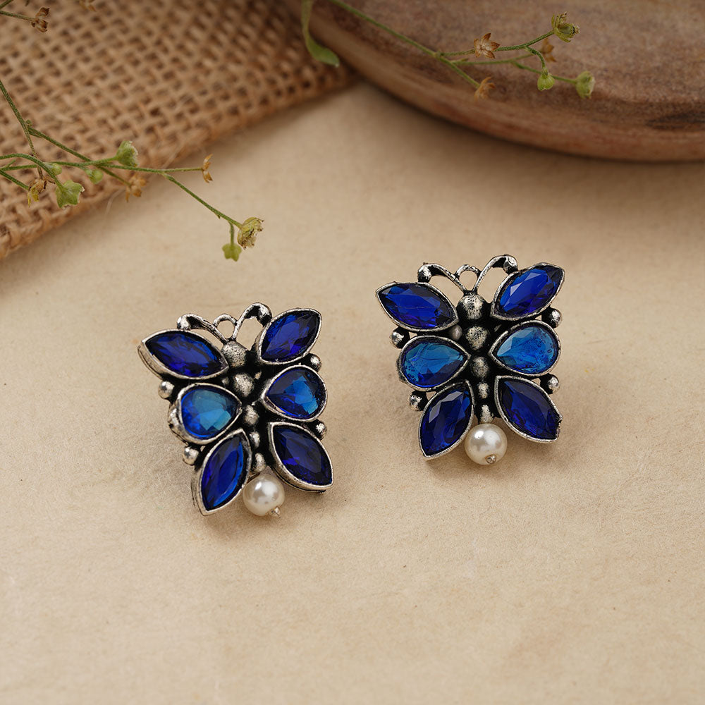 BeadedButterfly stone studded oxidised stud earrings (Blue)