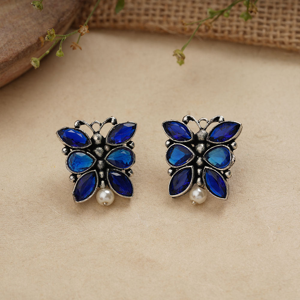BeadedButterfly stone studded oxidised stud earrings (Blue)