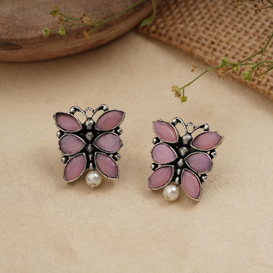 BeadedButterfly stone studded oxidised stud earrings (Baby Pink)
