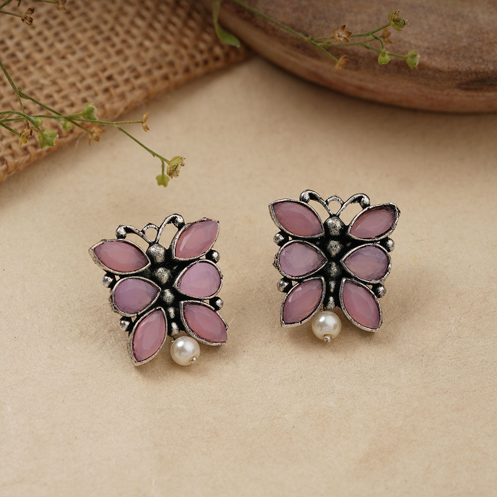 BeadedButterfly stone studded oxidised stud earrings (Baby Pink)