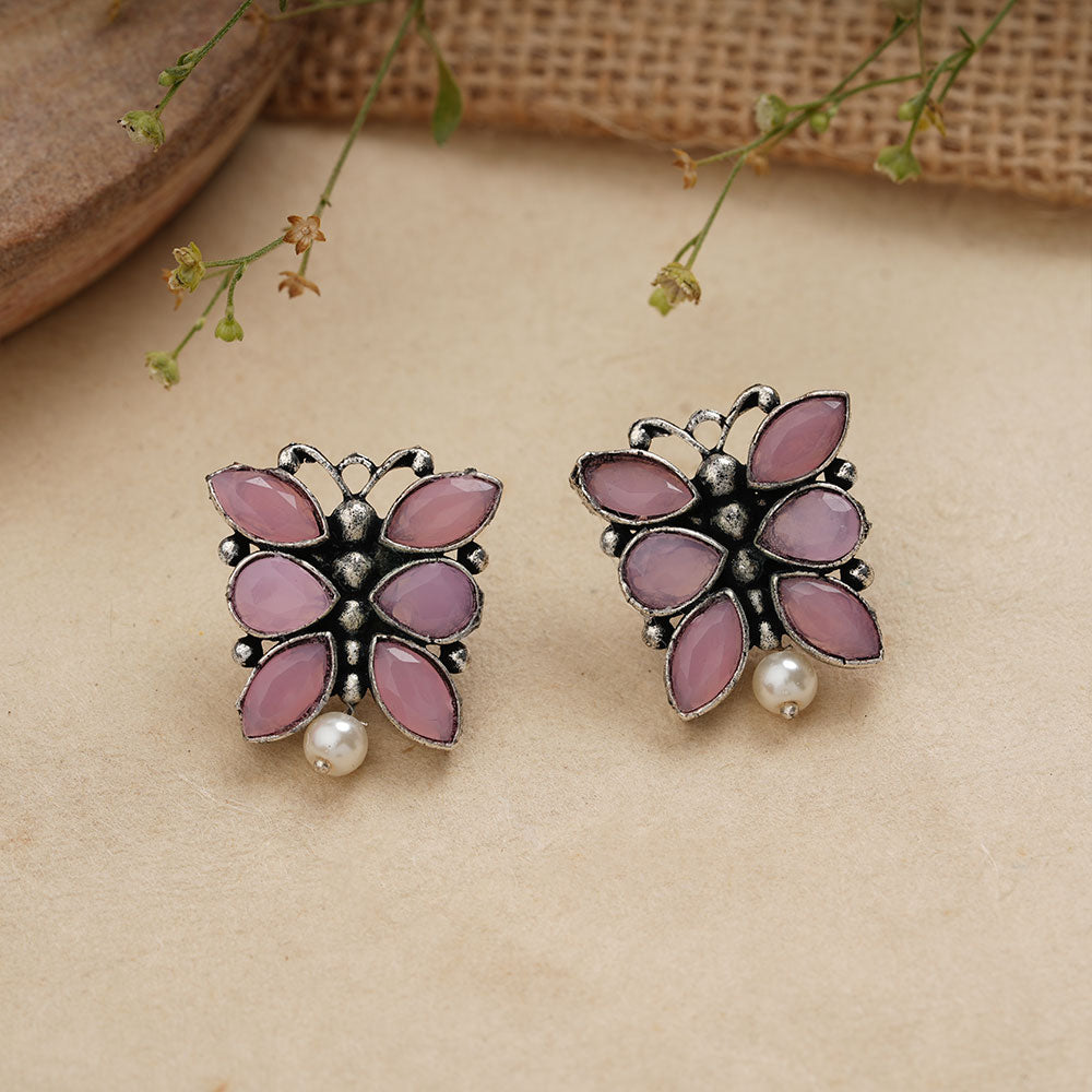 BeadedButterfly stone studded oxidised stud earrings (Baby Pink)