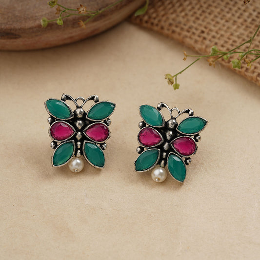 BeadedButterfly stone studded oxidised stud earrings (Multicoloured)