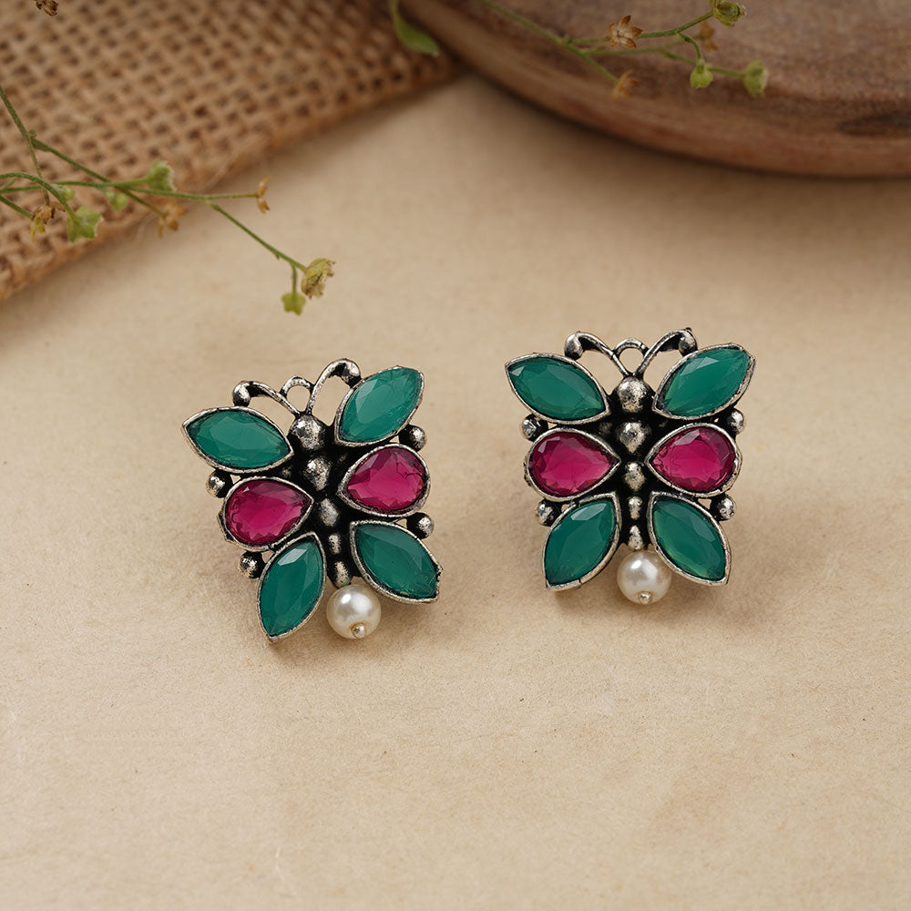 BeadedButterfly stone studded oxidised stud earrings (Multicoloured)