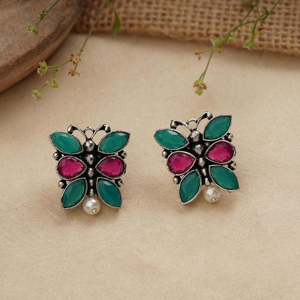 BeadedButterfly stone studded oxidised stud earrings (Multicoloured)