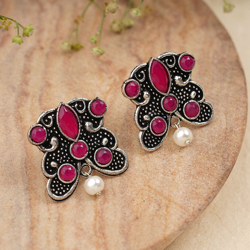 RadiantRays stone studded oxidised stud earrings (Red)