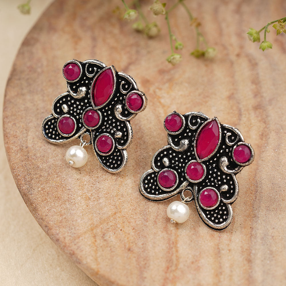 RadiantRays stone studded oxidised stud earrings (Red)