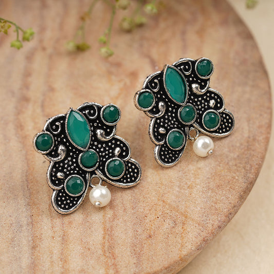 RadiantRays stone studded oxidised stud earrings (Green)