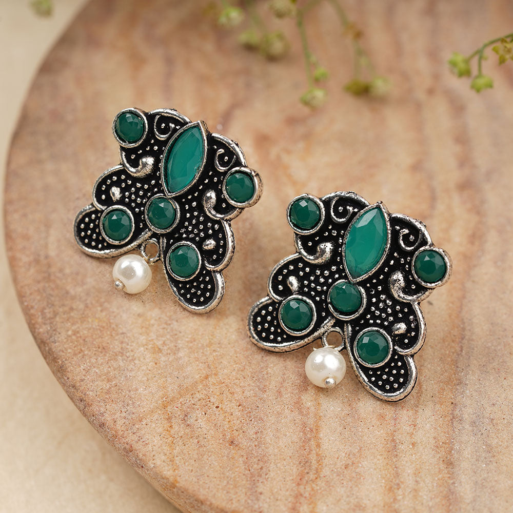 RadiantRays stone studded oxidised stud earrings (Green)