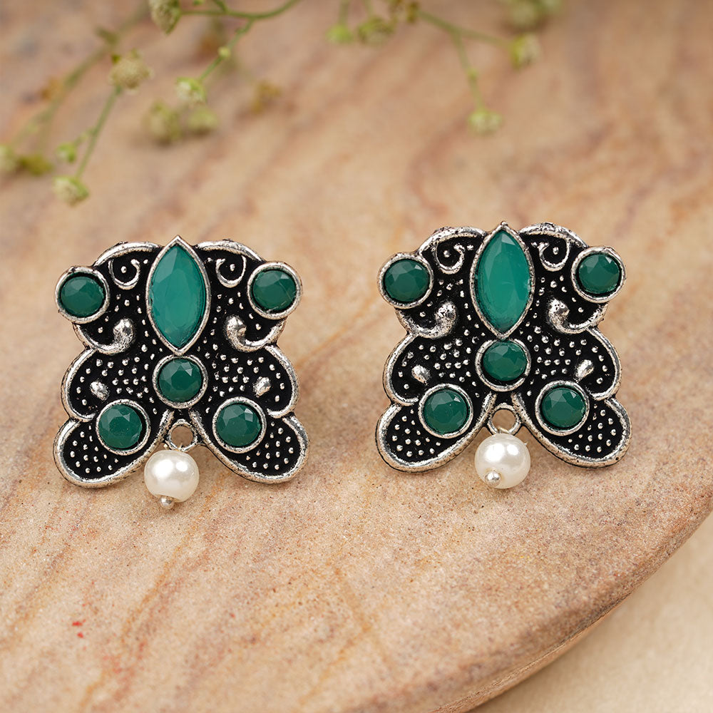 RadiantRays stone studded oxidised stud earrings (Green)