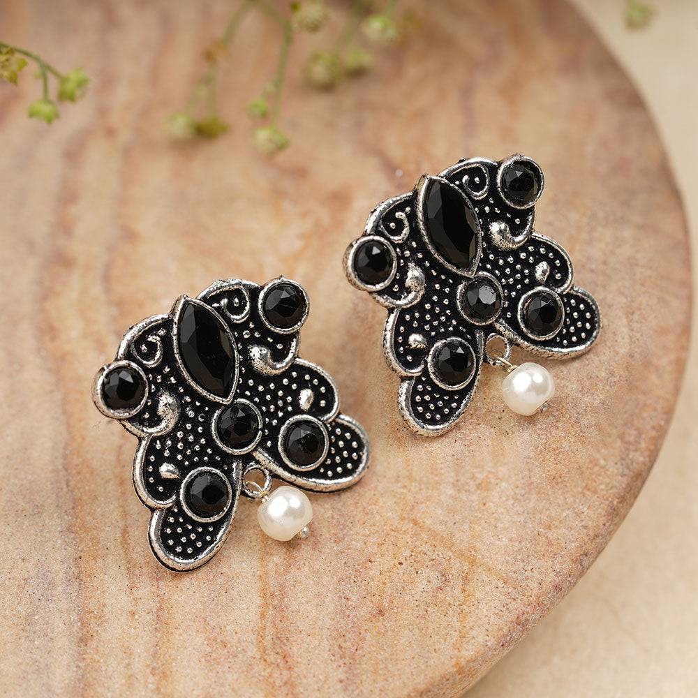 RadiantRays stone studded oxidised stud earrings (Black)