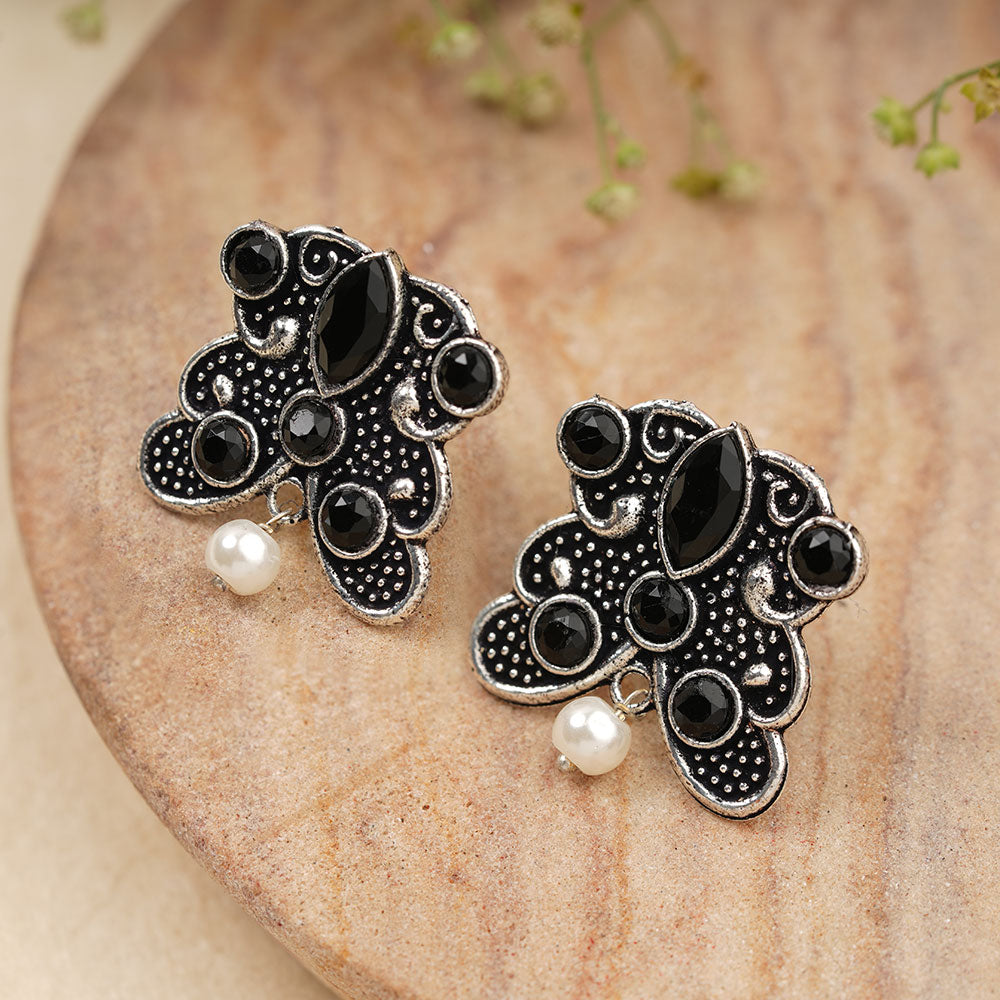 RadiantRays stone studded oxidised stud earrings (Black)