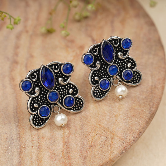 RadiantRays stone studded oxidised stud earrings  (Blue)