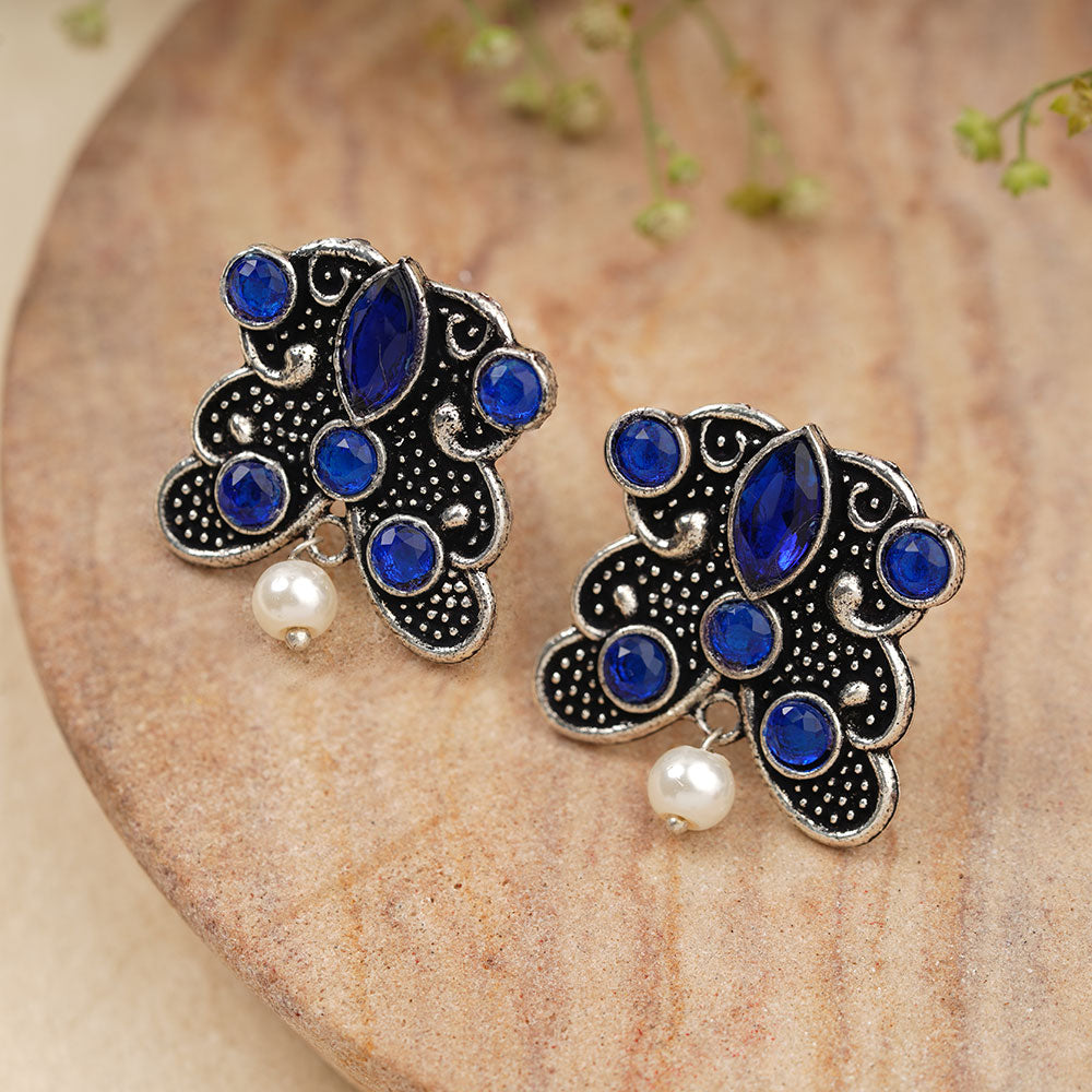 RadiantRays stone studded oxidised stud earrings (Blue)