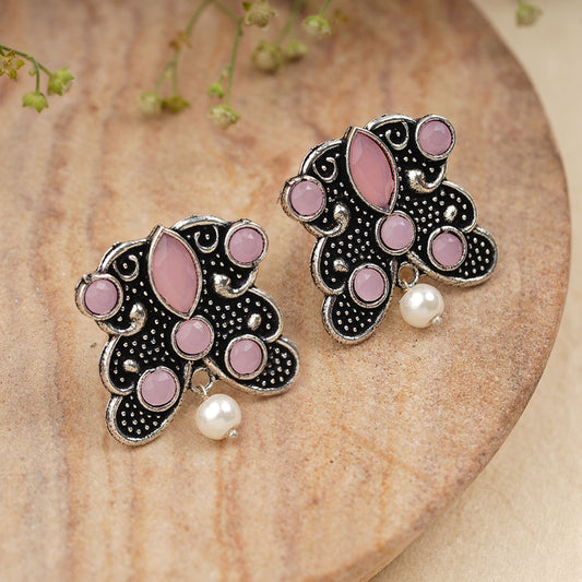 RadiantRays stone studded oxidised stud earrings  (Baby Pink)