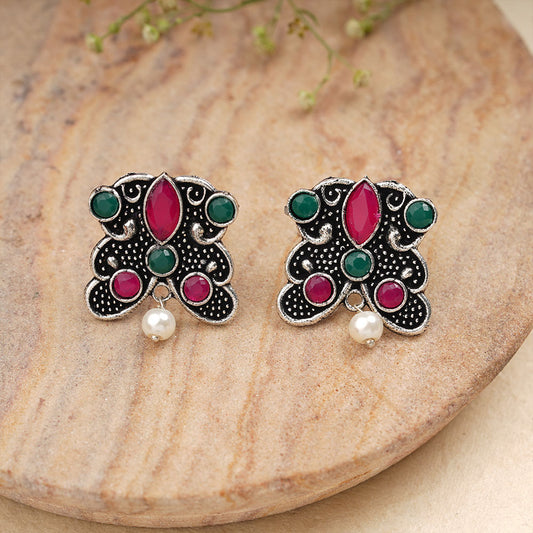 RadiantRays stone studded oxidised stud earrings  (Multicoloured)