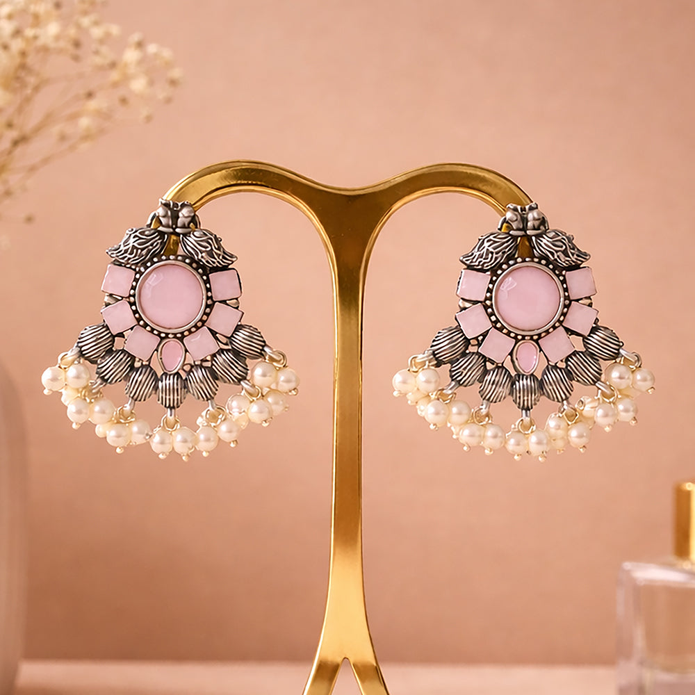 Gulratan Antique Pearl Drop Brooch Earring (Baby Pink)