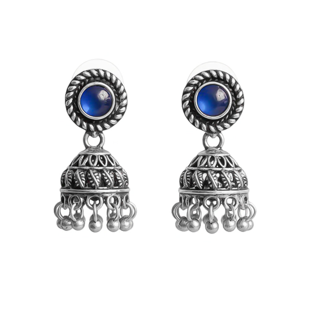 Blue Stone Oxidized Jhumki Earrings (Blue)