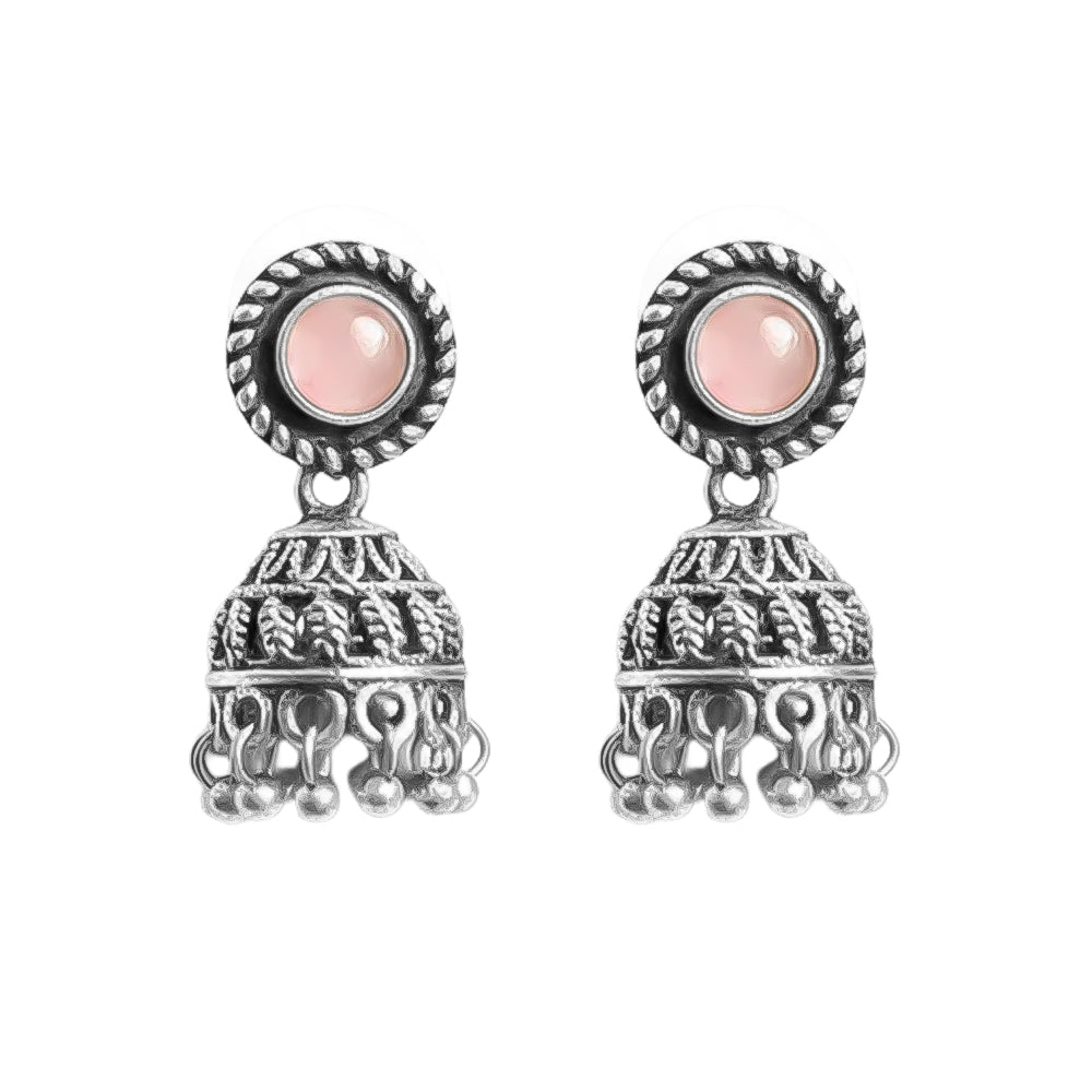 Baby pink Stone Oxidized Jhumki Earrings (Baby pink)