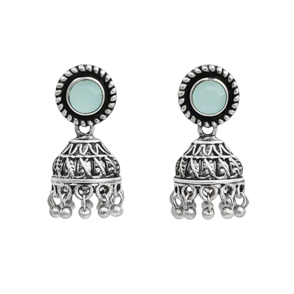 Mint Stone Oxidized Jhumki Earrings (Mint)
