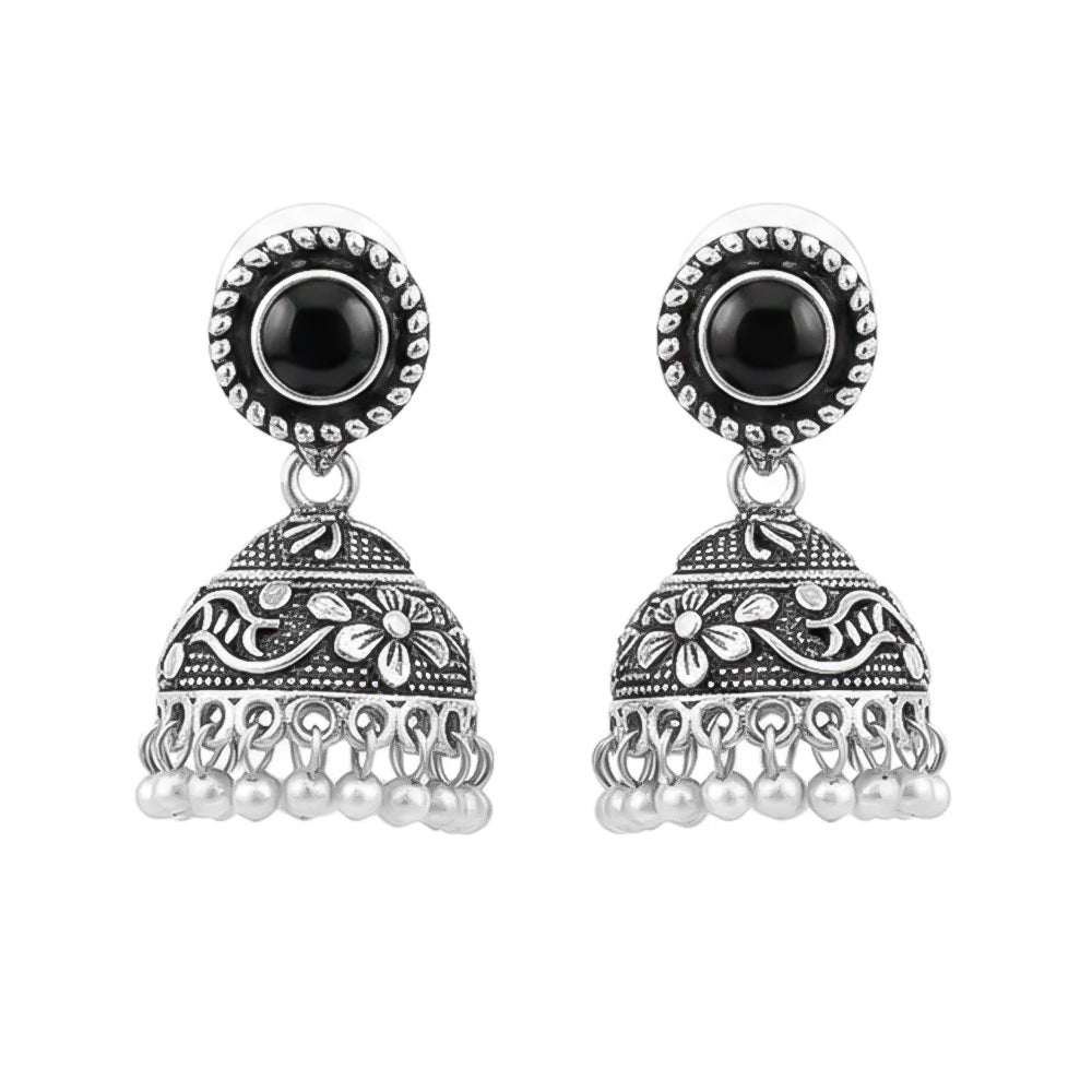 Black Stone Oxidized Jhumki Earrings (Black)