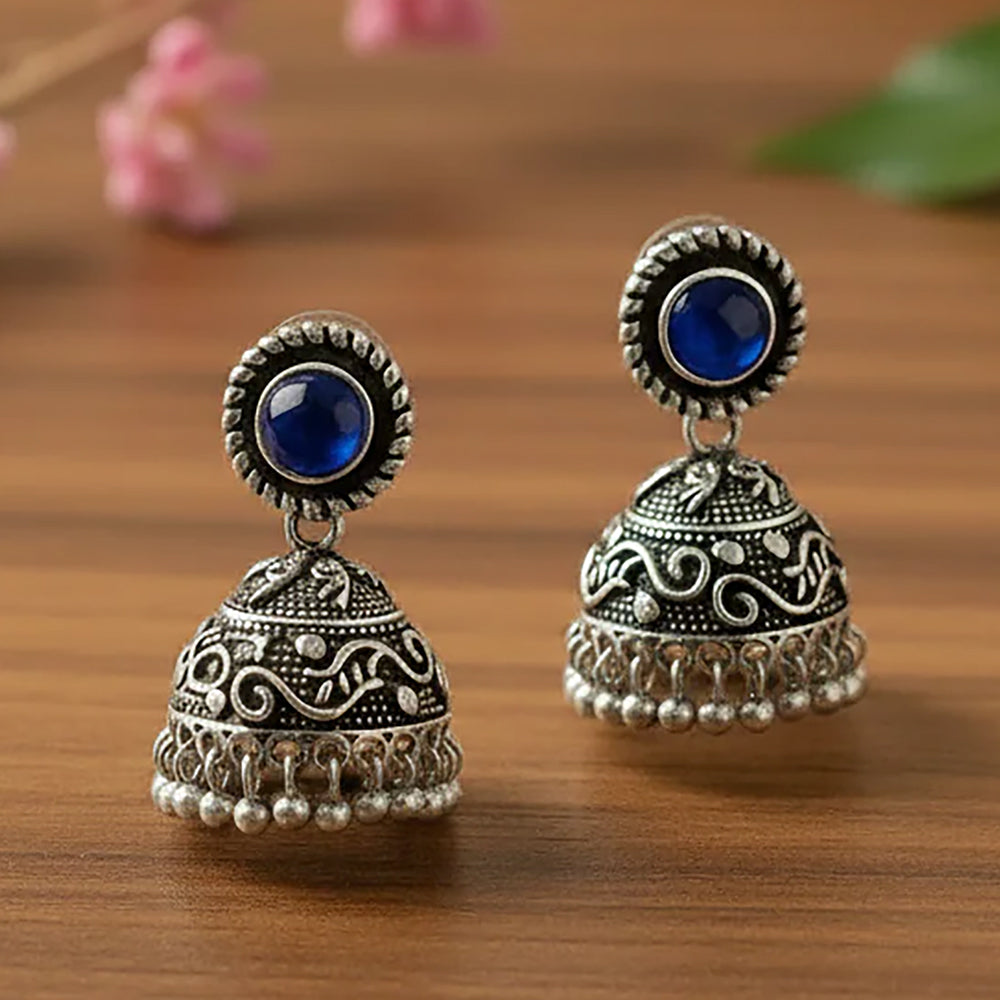 Blue Stone Oxidized Jhumki Earrings