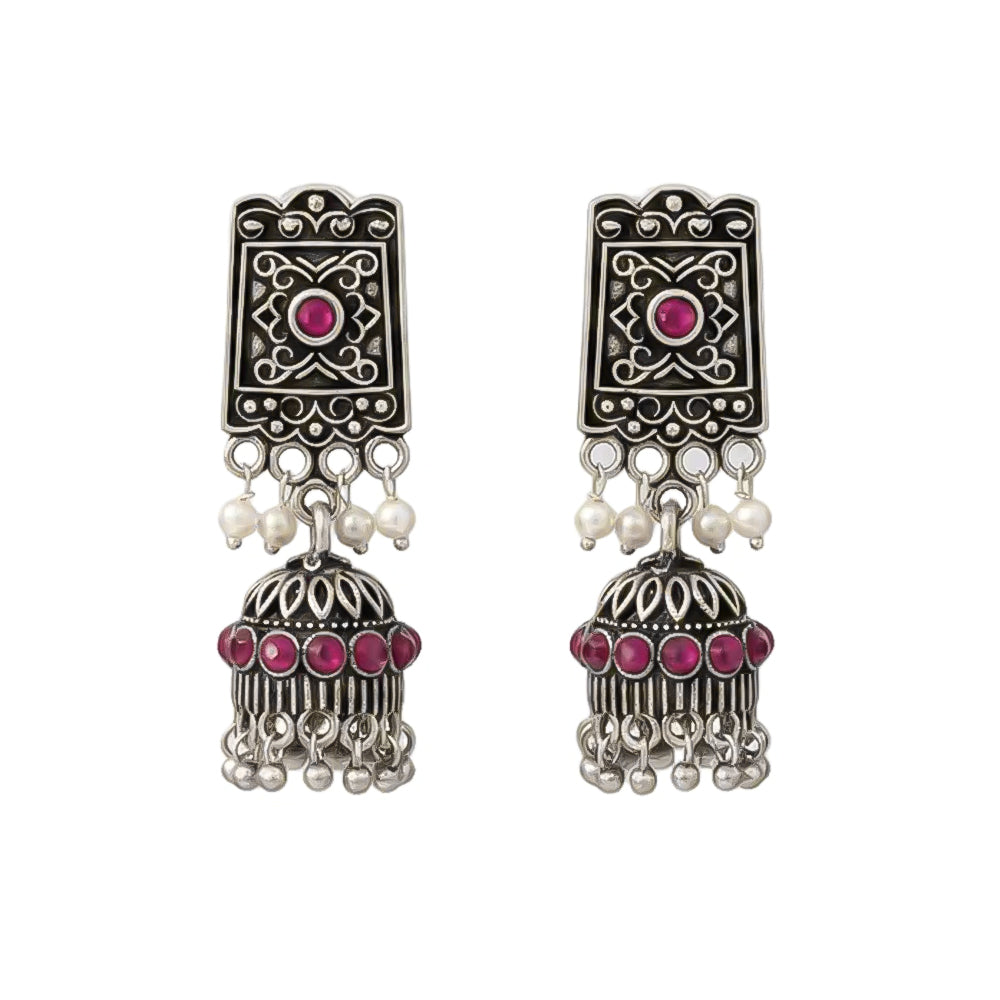oxidized jhumka earrings with pearl and Red stone detailin.