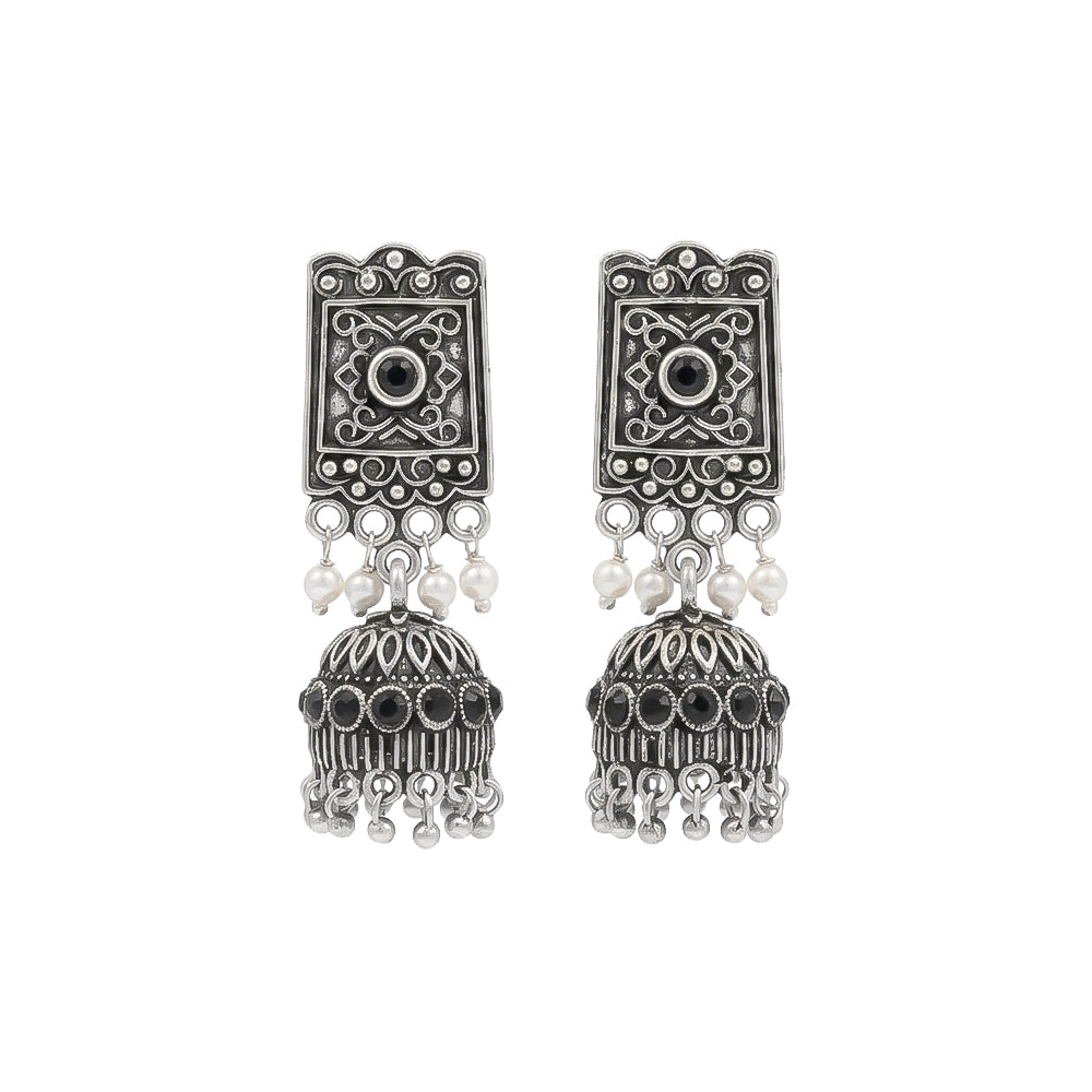 oxidized jhumka earrings with pearl and Black stone detailing.