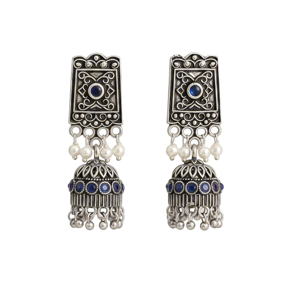 oxidized jhumka earrings with pearl and Blue stone detailing.