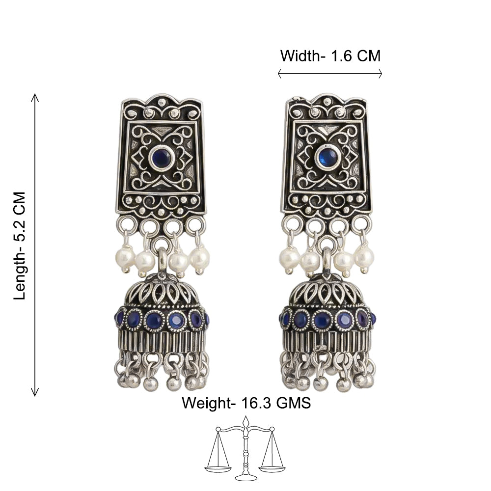 Oxidised jhumka Earring with pearl and Blue stone detailing.