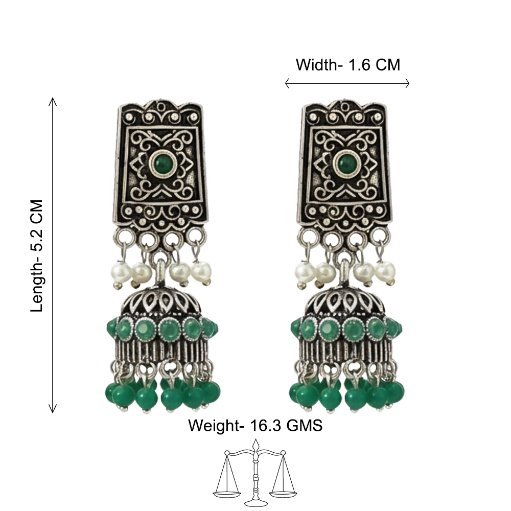 oxidized jhumka earrings with pearl and green stone detailing