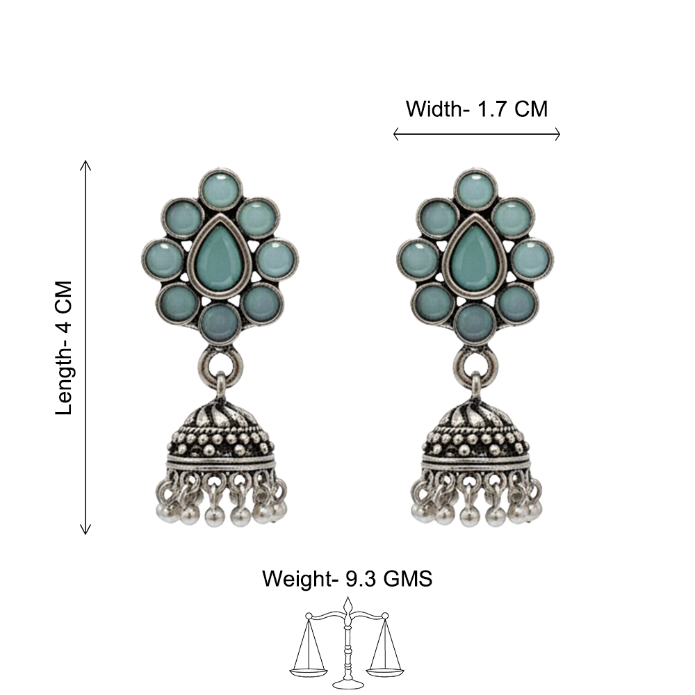 oxidized mint floral jhumka earrings with teardrop motif