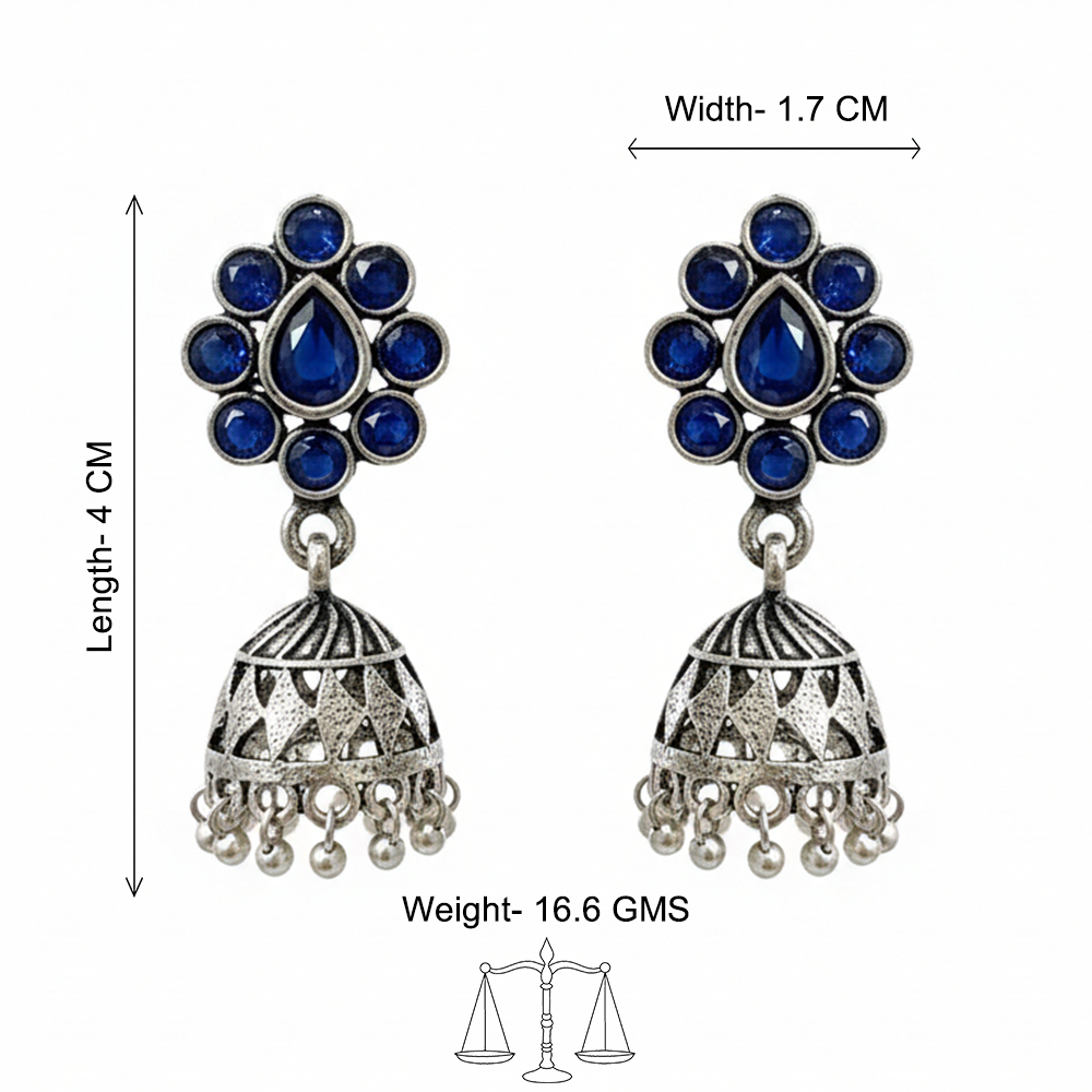 Oxidized Blue Stone Floral Stud Jhumka Earrings
