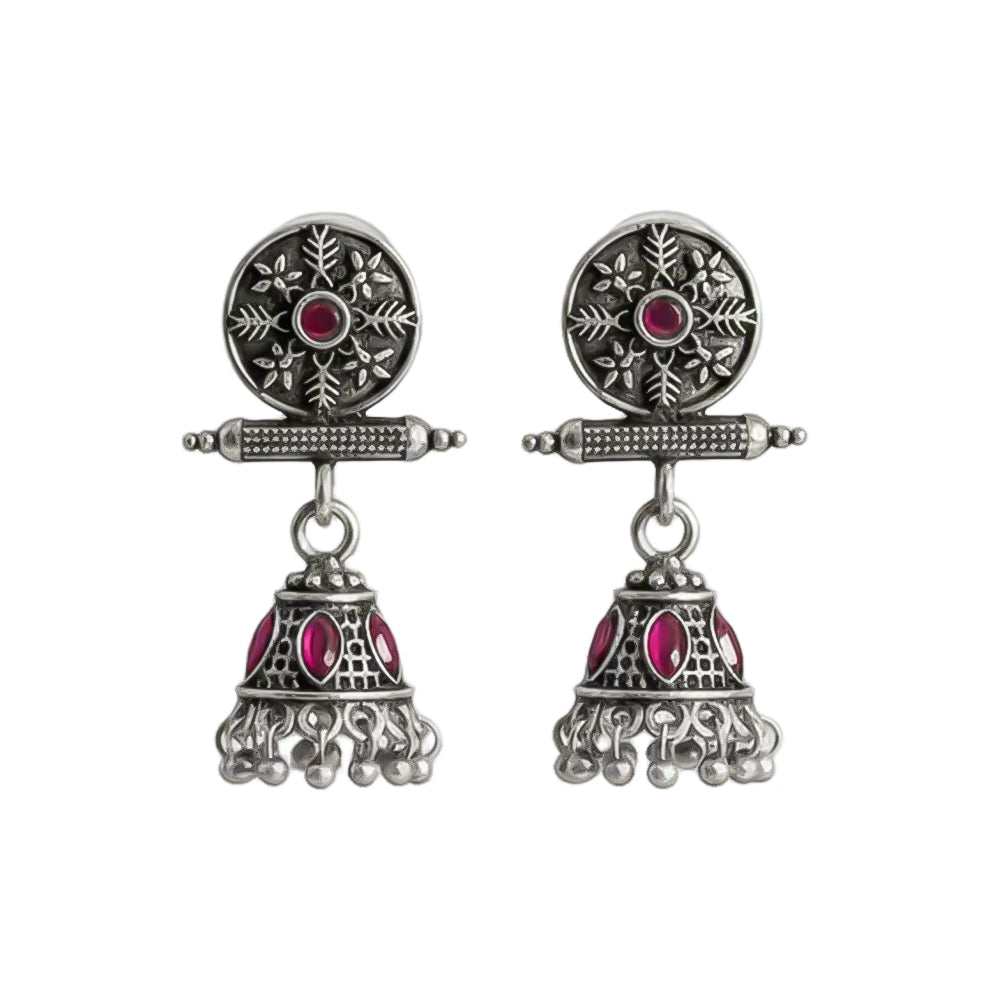 Oxidized antique floral jhumka earrings with Red stones