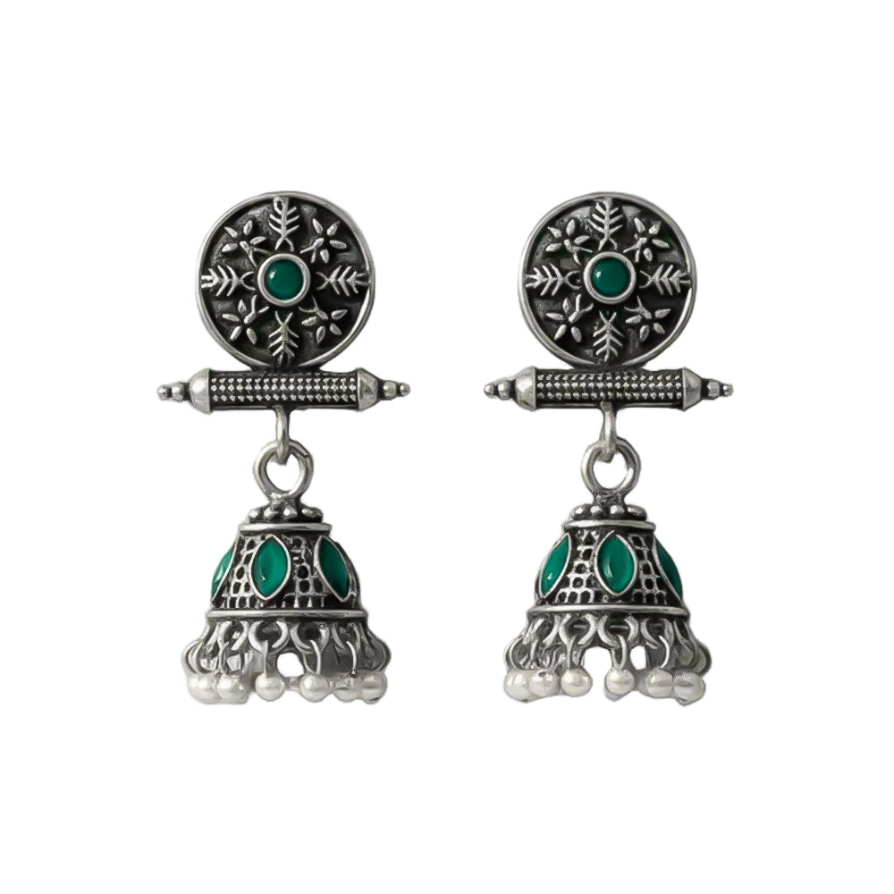 Oxidized antique floral jhumka earrings with Green stones