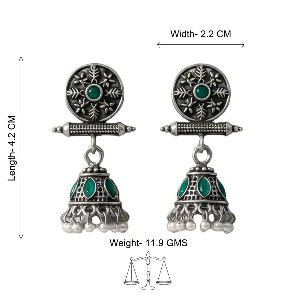 Oxidised antique floral jhumka earring with Green stones