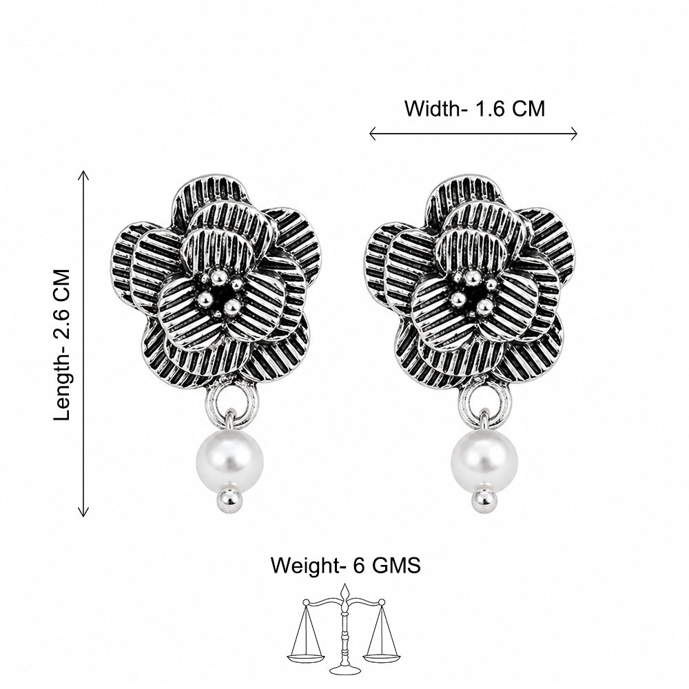 Oxidized Flower Pearl Drop Earrings