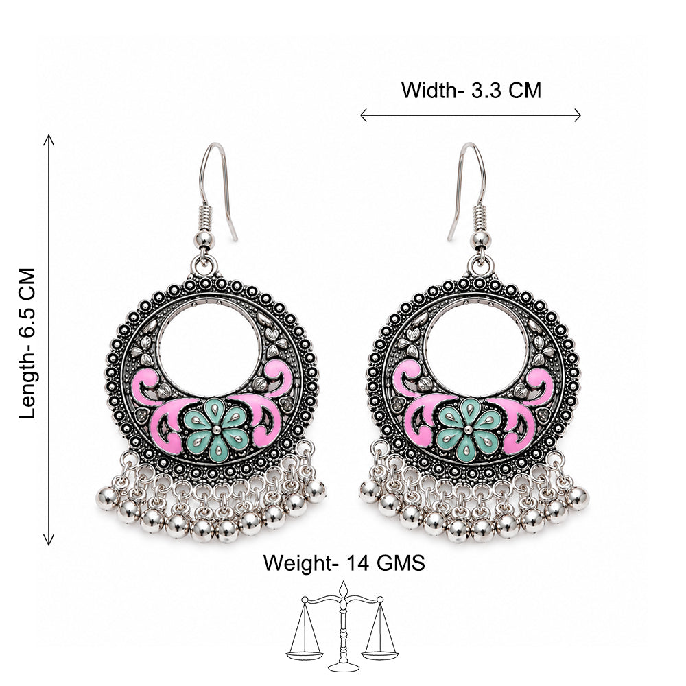 Pink Green Floral Meenakari Round Earrings