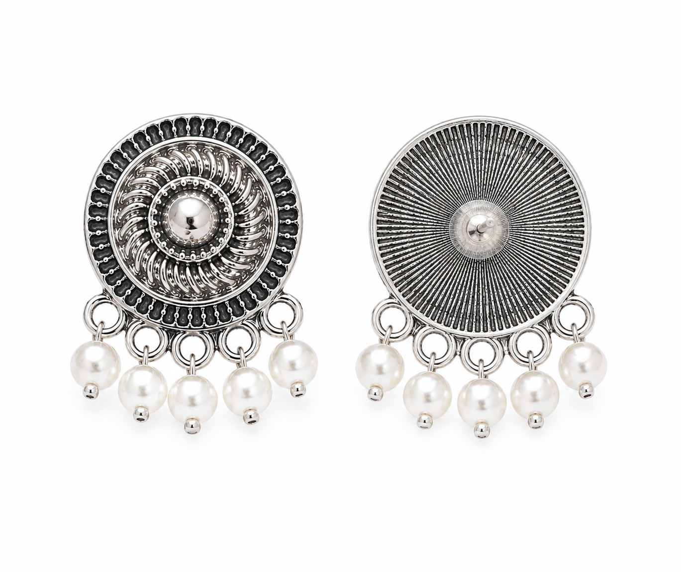 Antique Silver Round Pearl Drop Earrings