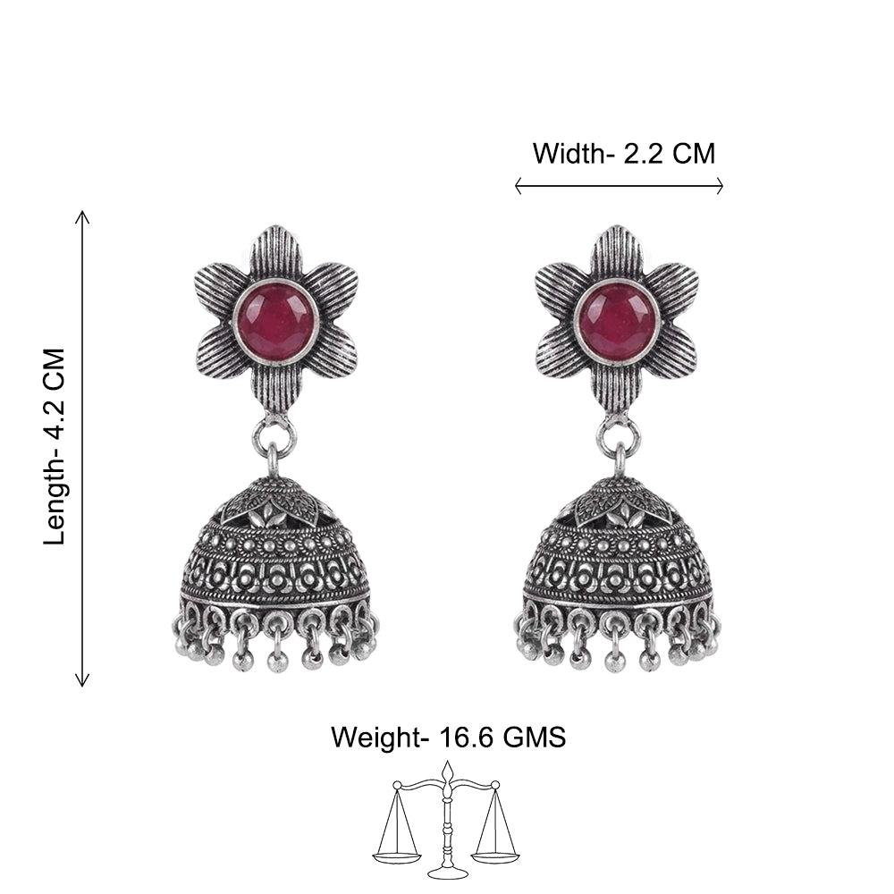 Adiva Silver Jhumki Earrings (Red)