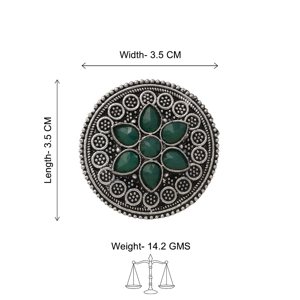 Green Stone Studded German Silver Adjustable Ring