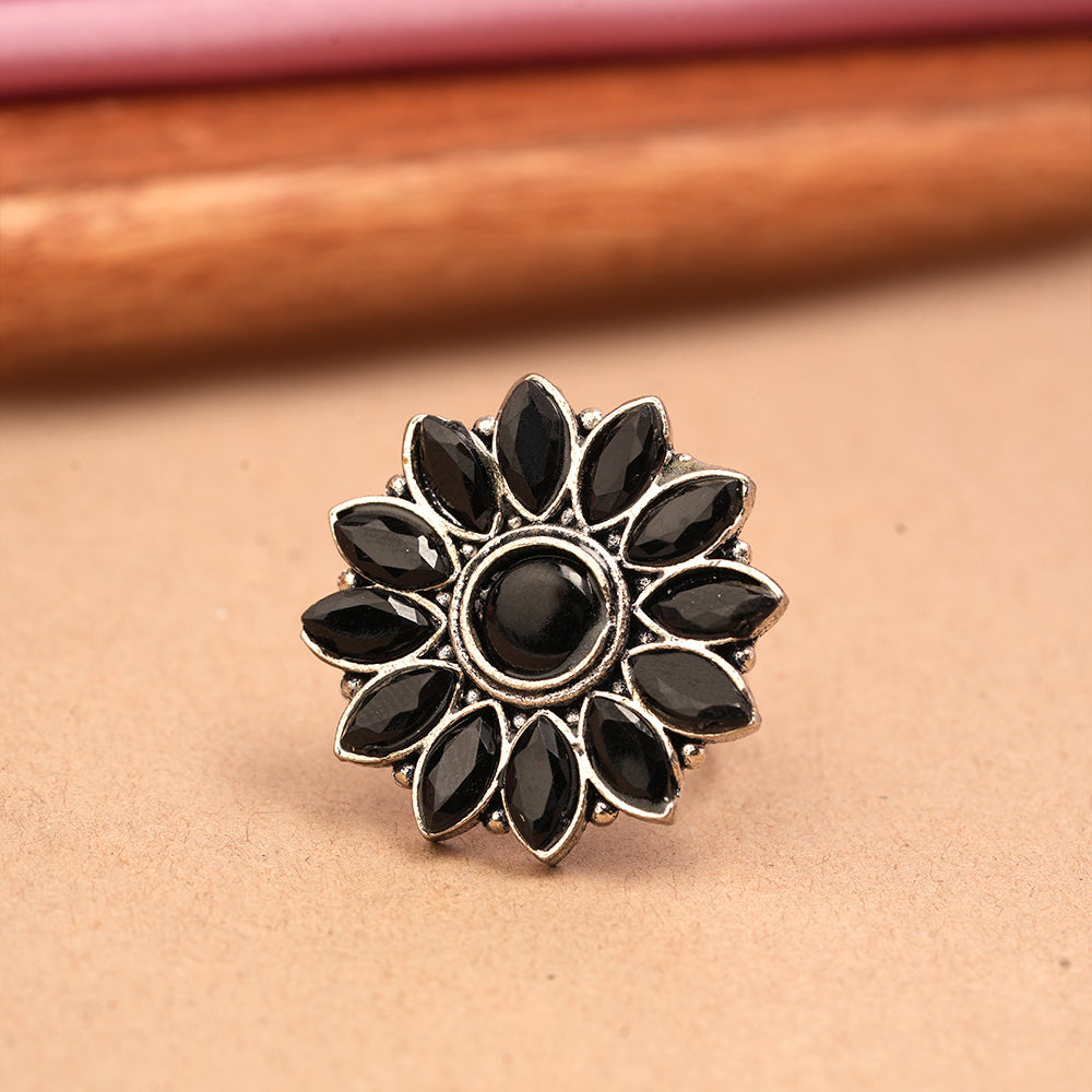 Everyday orchid stone studded oxidized rings (Black)