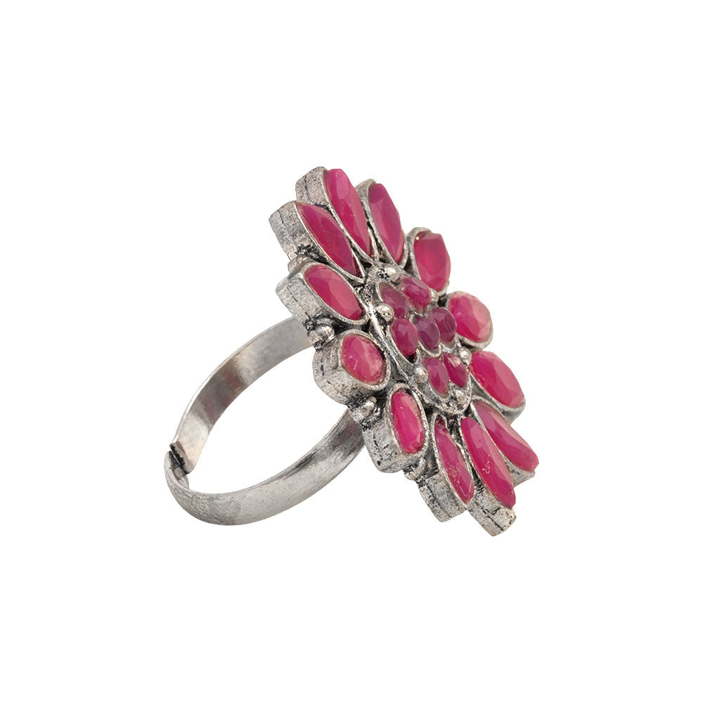 Floral radiance stone studded oxidized rings (Red)