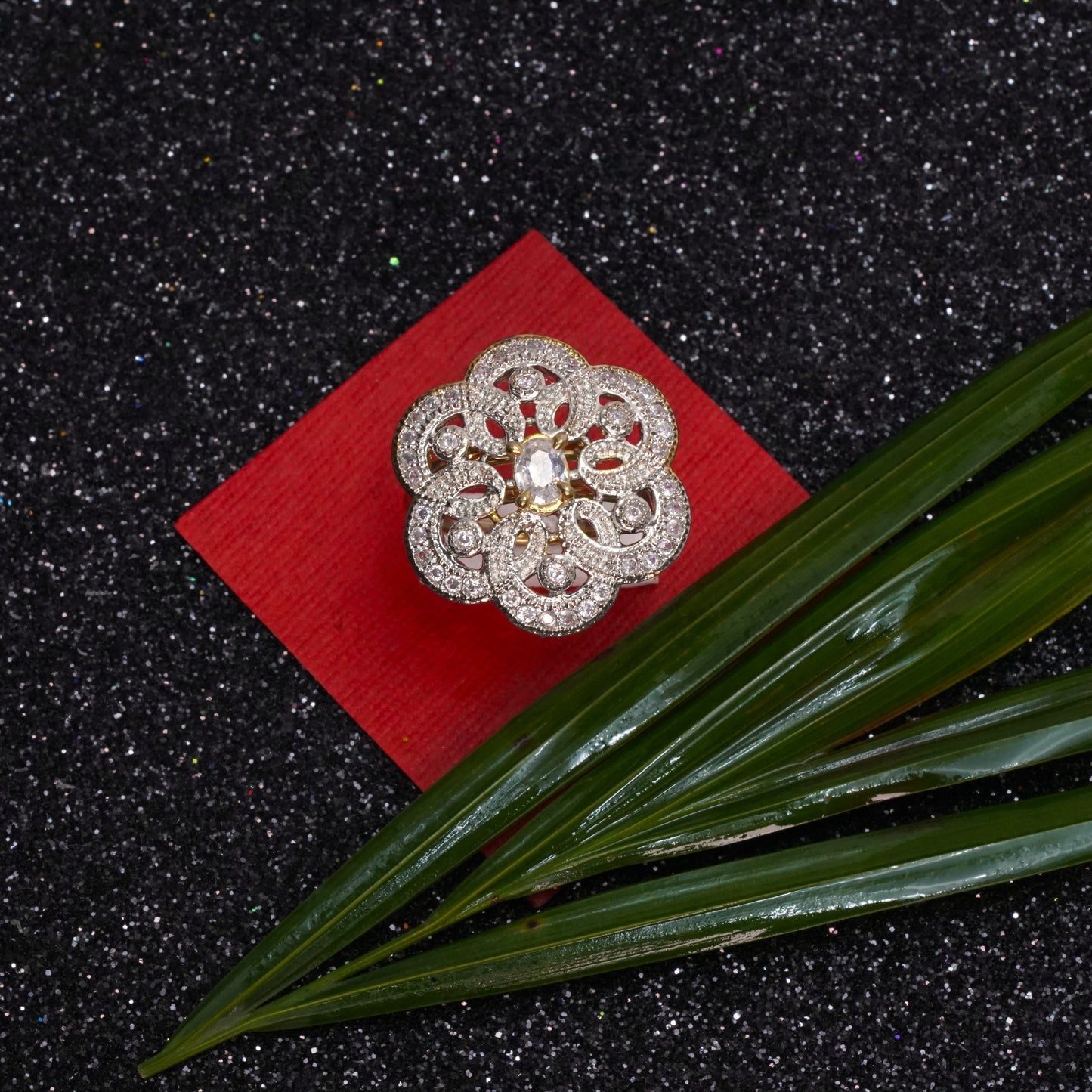 Flower swirls stone studded zirconia rings