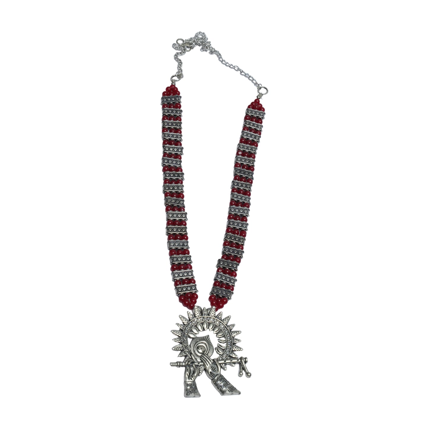 Krishna aura statement pendant beaded neckpiece (Red)