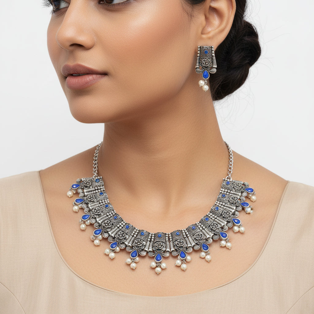 Dessert stone oxidised chain neckpiece (Blue)